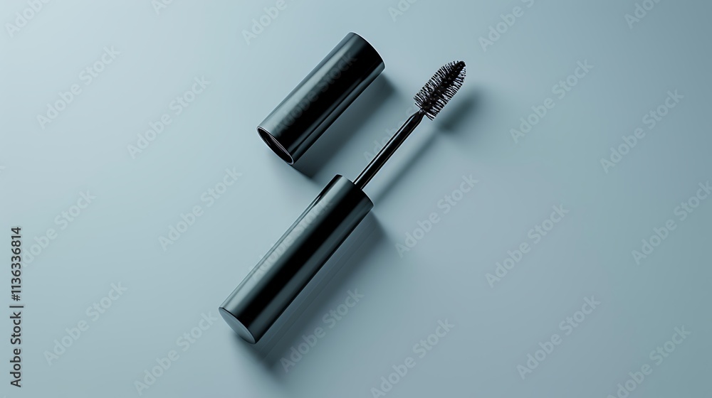 mascara tube with a brush applicator resting beside it, on a clean white surface. mascara tube with a brush applicator resting beside it, on a clean white surface.