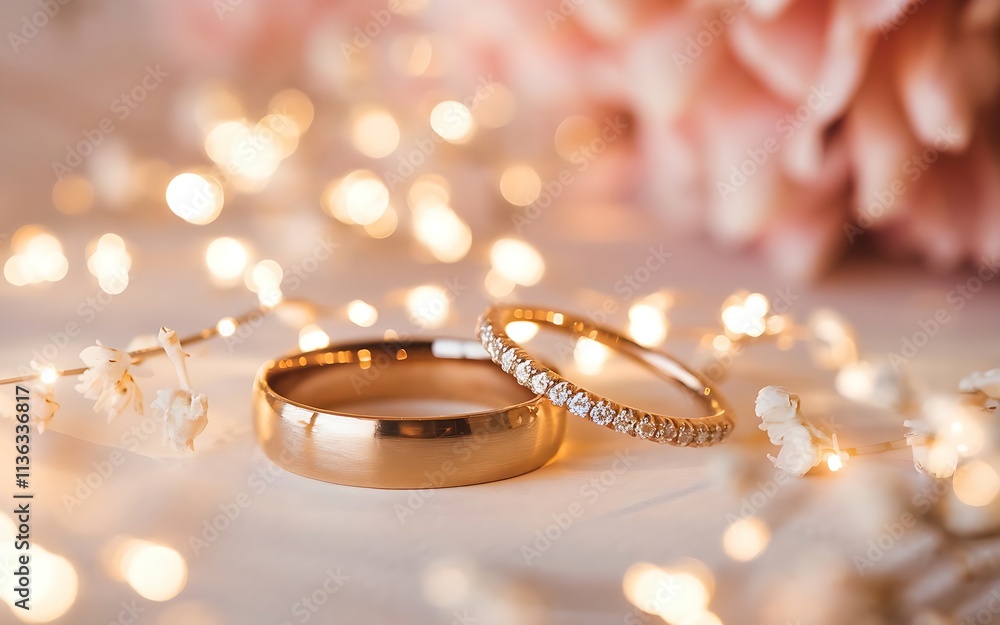 Closeup of two golden wedding rings on the white surface with blurred glow softly pink and gold light background