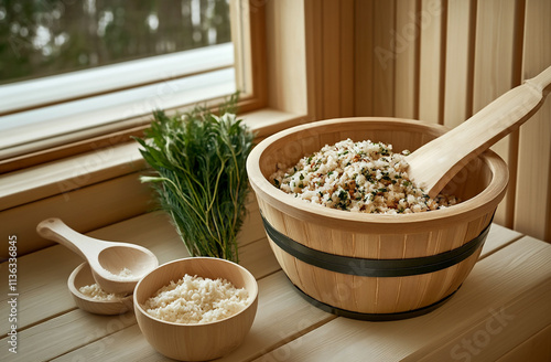 Bucket with herbal infusions and veniks prepared for a banya photo