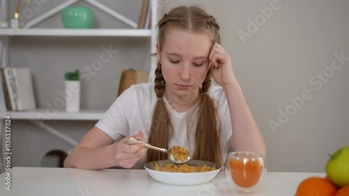 A teenage girl with braids sits at a dining table, staring at her bowl of cereal with disinterest. She holds a spoon but seems reluctant to eat, conveying a sense of dissatisfaction or lack of