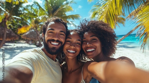 Fototapeta Naklejka Na Ścianę i Meble -  Happy friends taking selfie on tropical beach under palm trees