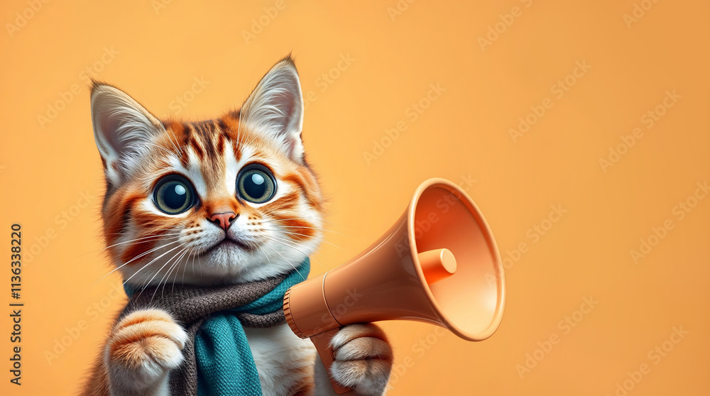 Fototapeta premium Adorable Cat with Megaphone in Scarf, Playful Expression isolated on plain background, copy space