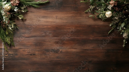 An artistic floral corner arrangement on rustic wood, featuring white blossoms and lush greenery, exuding a rustic charm and a touch of elegance. photo