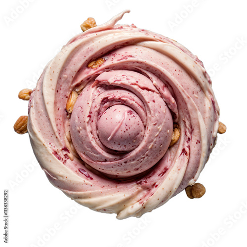 Top View of Fruit and Nut Strawberry Ice Cream Swirl with Nuts and Creamy Texture Isolated on Transparent Background, generative AI