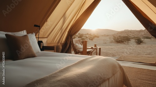 A scenic landscape viewed from within a tent, capturing the sunrise over a desert oasis, blending comfort with the raw natural beauty and peaceful solitude. photo