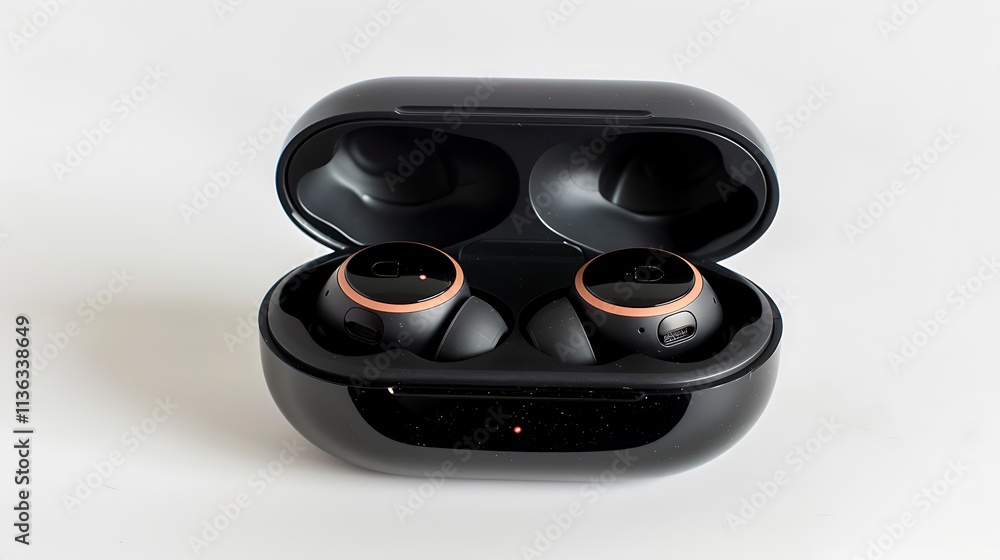 Pair of earbuds with their charging case open, isolated on a clean white background. Pair of earbuds with their charging case open, isolated on a clean white background.