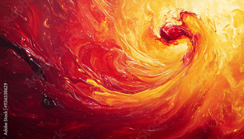 A vivid explosion of swirling liquid paint in bright red and yellow tones dances across a smooth surface, creating an energetic and fiery abstract image