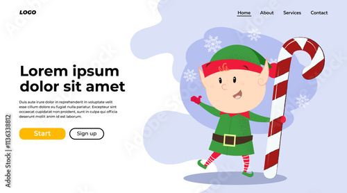 Christmas elf design element for landing page. Illustration of elf in green costume holding candy cane and dancing. Christmas, fairy tales, celebration can be used for website or banner