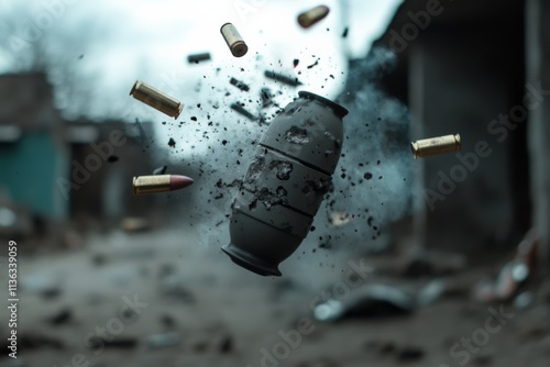 Spent bullet casings and a battered canister ascend dramatically, captured amid the chaos of battle. photo