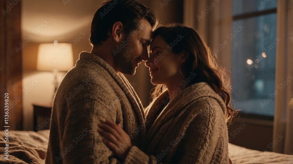 loving couple in the bedroom, hugging, love, happy loving couple in the bedroom, hugging, love, happy