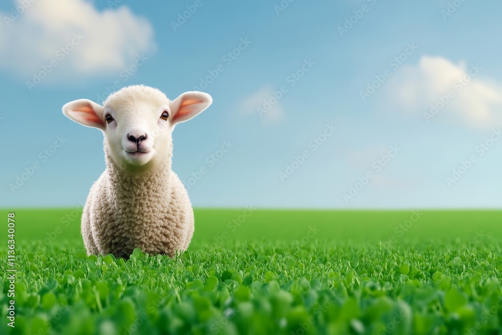 A close-up of a ewe nibbling on fresh clover in a grassy field with a soft focus on nearby plants A close-up of a ewe nibbling on fresh clover in a grassy field with a soft focus on nearby plants