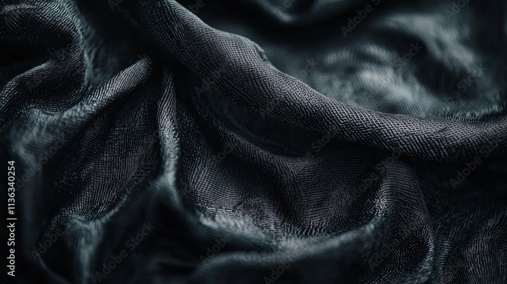 Close-Up of Dark Textured Fabric with Soft Waves and Drapes Close-Up of Dark Textured Fabric with Soft Waves and Drapes