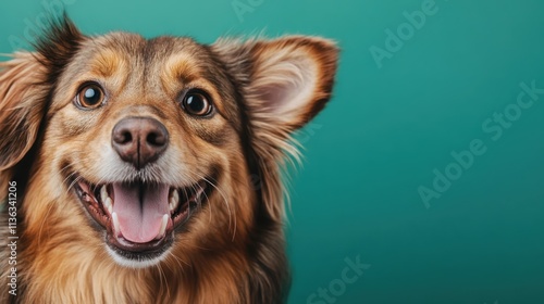 A fluffy dog with an excited expression is set against a green backdrop, embodying lively energy and spirited charm in a fresh, vivid atmosphere. photo