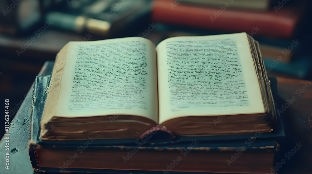 Open antique book on a stack of old books. Open antique book on a stack of old books.