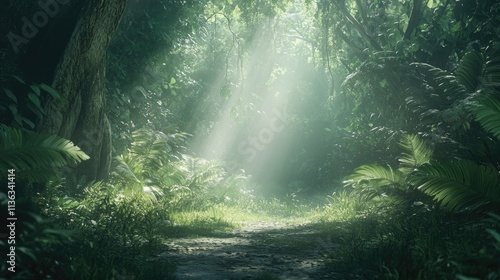 Sunbeams illuminate a path through a lush, dense, green jungle.