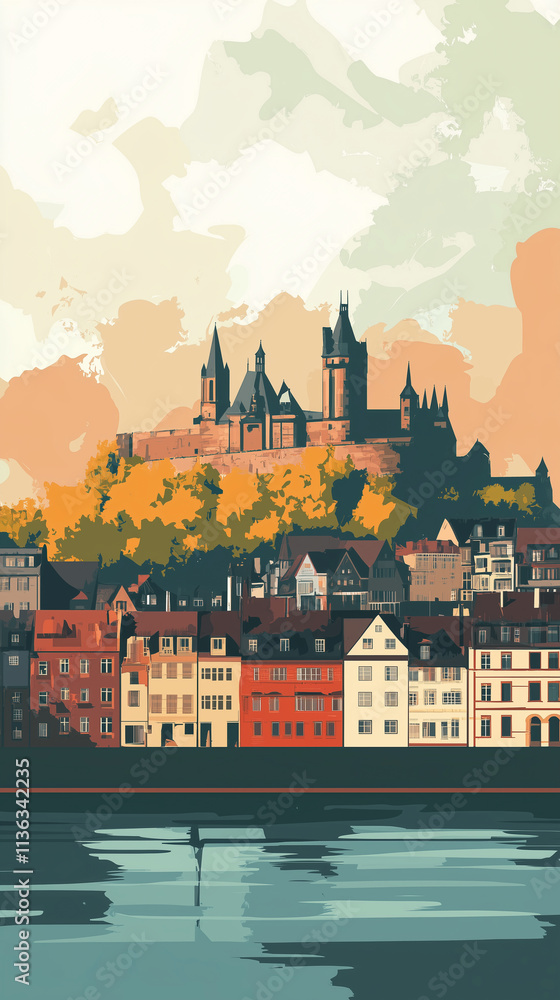 Fototapeta premium Illustration, Cityscape of Koblenz at the Moselle and Rine, Germany, touristic advertisement poster. Must-see touristic spot ,Mockup for touristic poster, advertisement. Beautiful travel destination,