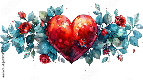 A watercolor painting of a red heart surrounded by green stems and colorful red, green, and blue leaves, set against a plain white background.