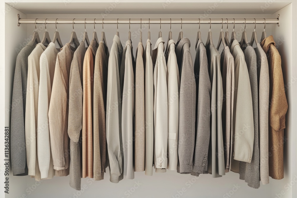 Neutral toned clothing hanging in closet apparel fashion wardrobe style organized neat minimalist Neutral toned clothing hanging in closet apparel fashion wardrobe style organized neat minimalist