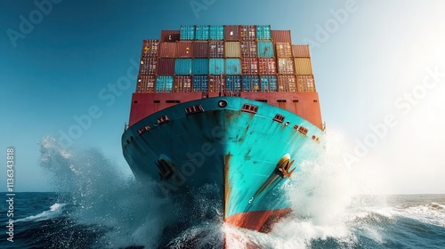 A massive container ship majestically cuts through ocean waves, with colorful freight containers stacked high, symbolizing global commerce and maritime power. photo