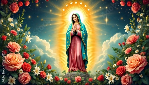 Stunning and vibrant digital painting of Our Lady of Guadalupe, surrounded by a radiant golden aura