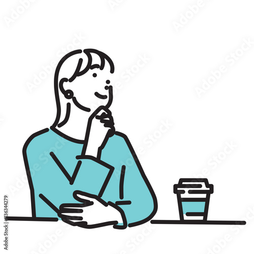 シンプル　イラスト　カフェで休憩する笑顔の女性