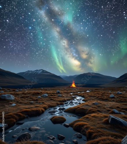 an orange campfire and the milky visible in the background