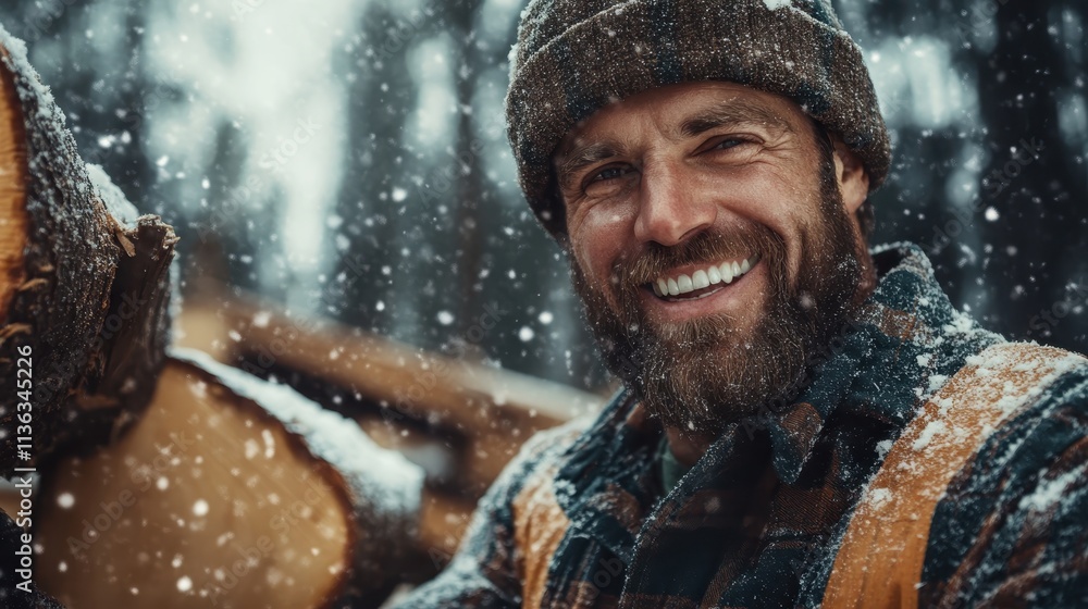 Fototapeta premium A cheerful lumberjack with a bright smile poses in a snow-laden forest, exuding positivity and warmth amidst the cold, with logs neatly stacked behind him.