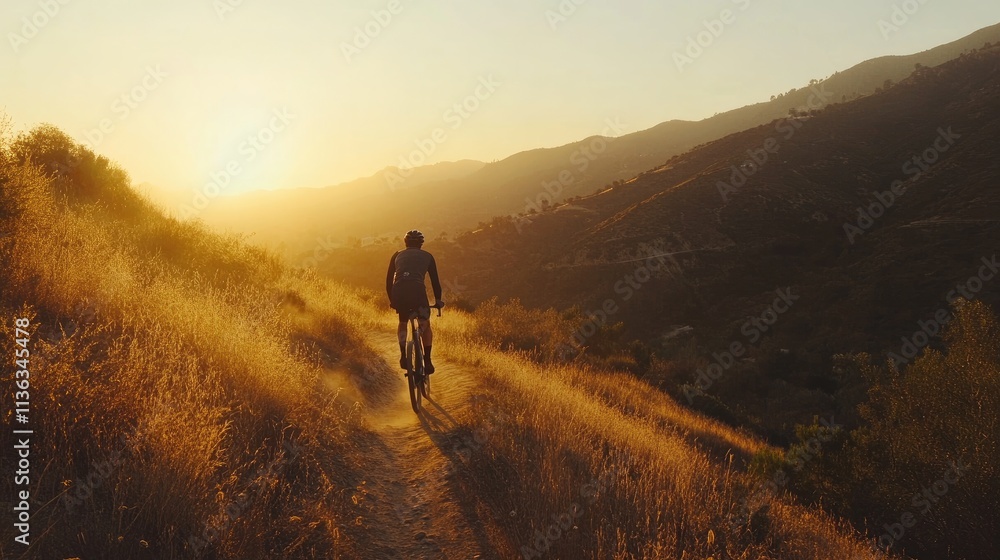 Fototapeta premium Cyclist riding mountain bike trail at sunset, scenic view.