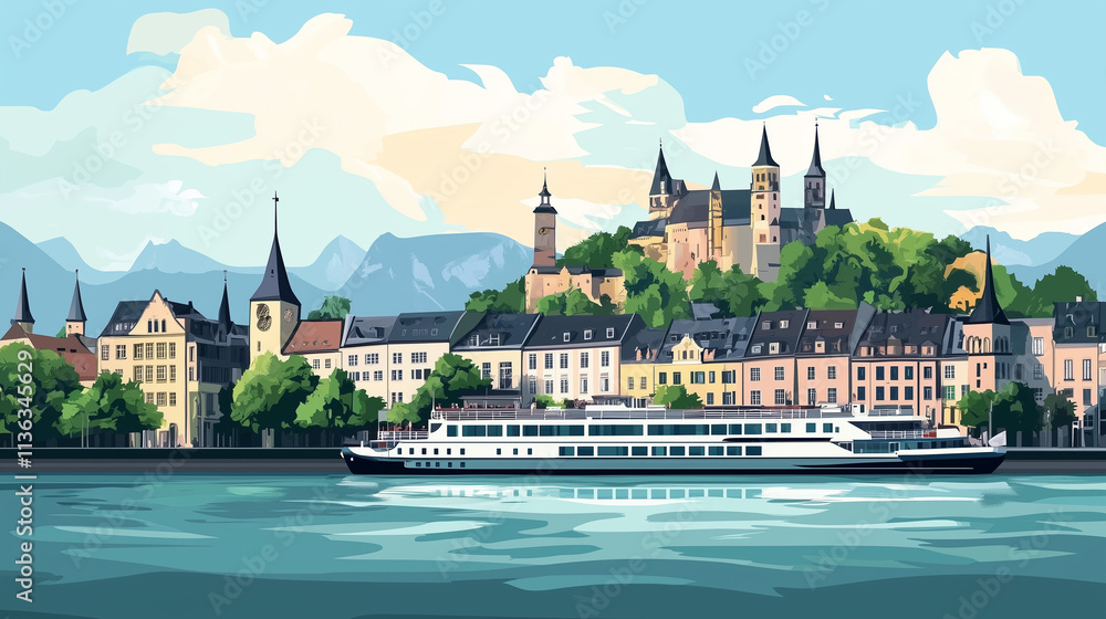 Obraz premium Illustration, Cityscape of Koblenz at the Moselle and Rine, Germany, touristic advertisement poster. Must-see touristic spot ,Mockup for touristic poster, advertisement. Beautiful travel destination, 