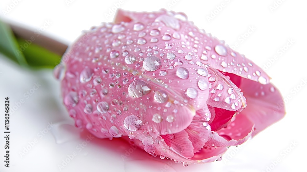 Fototapeta premium Single pink tulip with dewdrops on its petals, isolated on white.