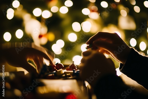 Mãos aconchegantes jogando jogo de tabuleiro por luzes festivas da árvore de Natal

 photo