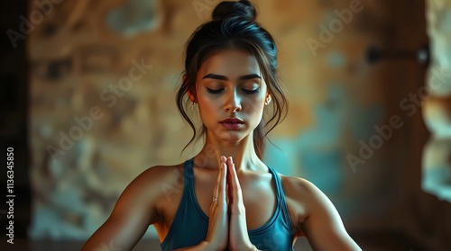 Beautiful Woman Sitting on the Floor Doing Calming Exercises 