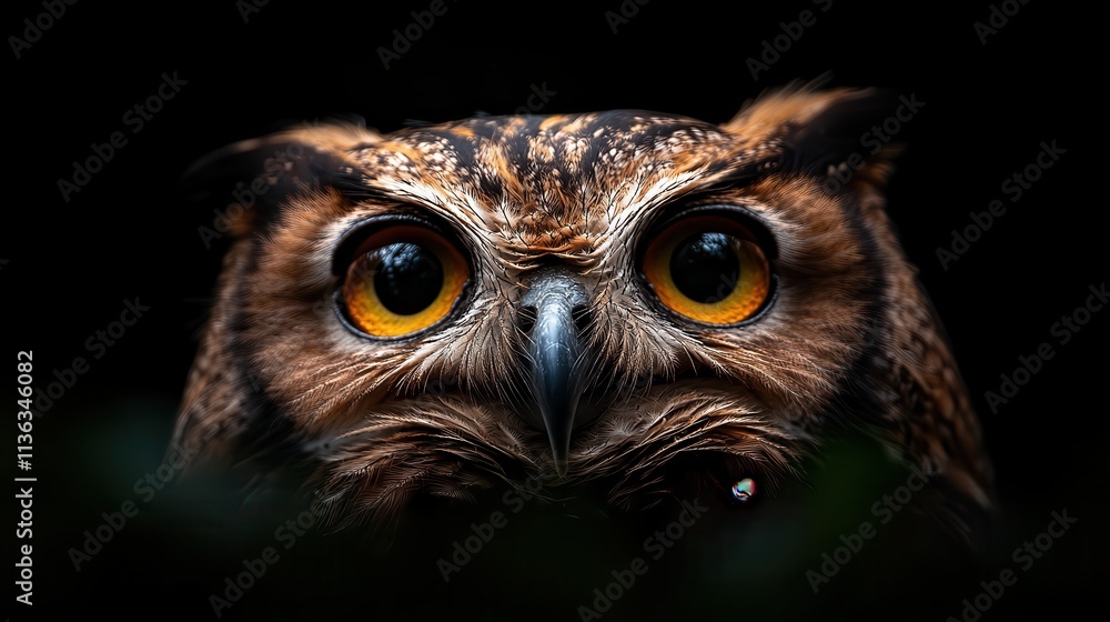 The image reveals an eagle owl with a piercing stare, its vivid orange eyes standing out against its delicate feathers, embodying wisdom and mystery in nature.