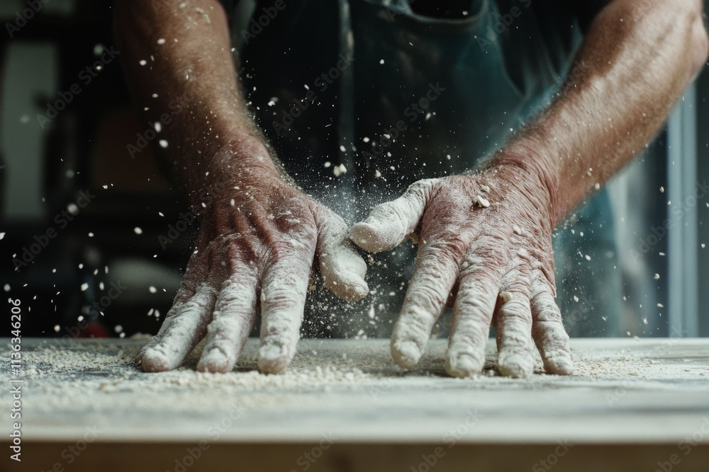 Fototapeta premium Flour-covered hands knead dough with determination, capturing the age-old art of baking amidst floury clouds.