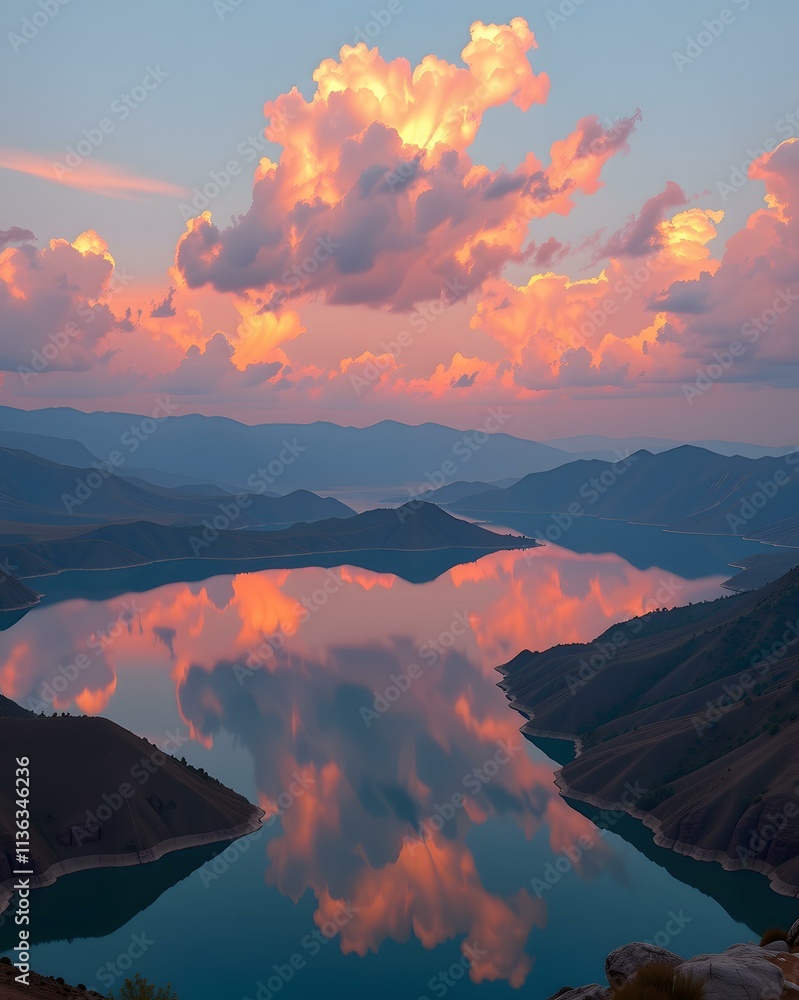 Fototapeta premium a mountain landscape with mountains and clouds reflected in a lake
