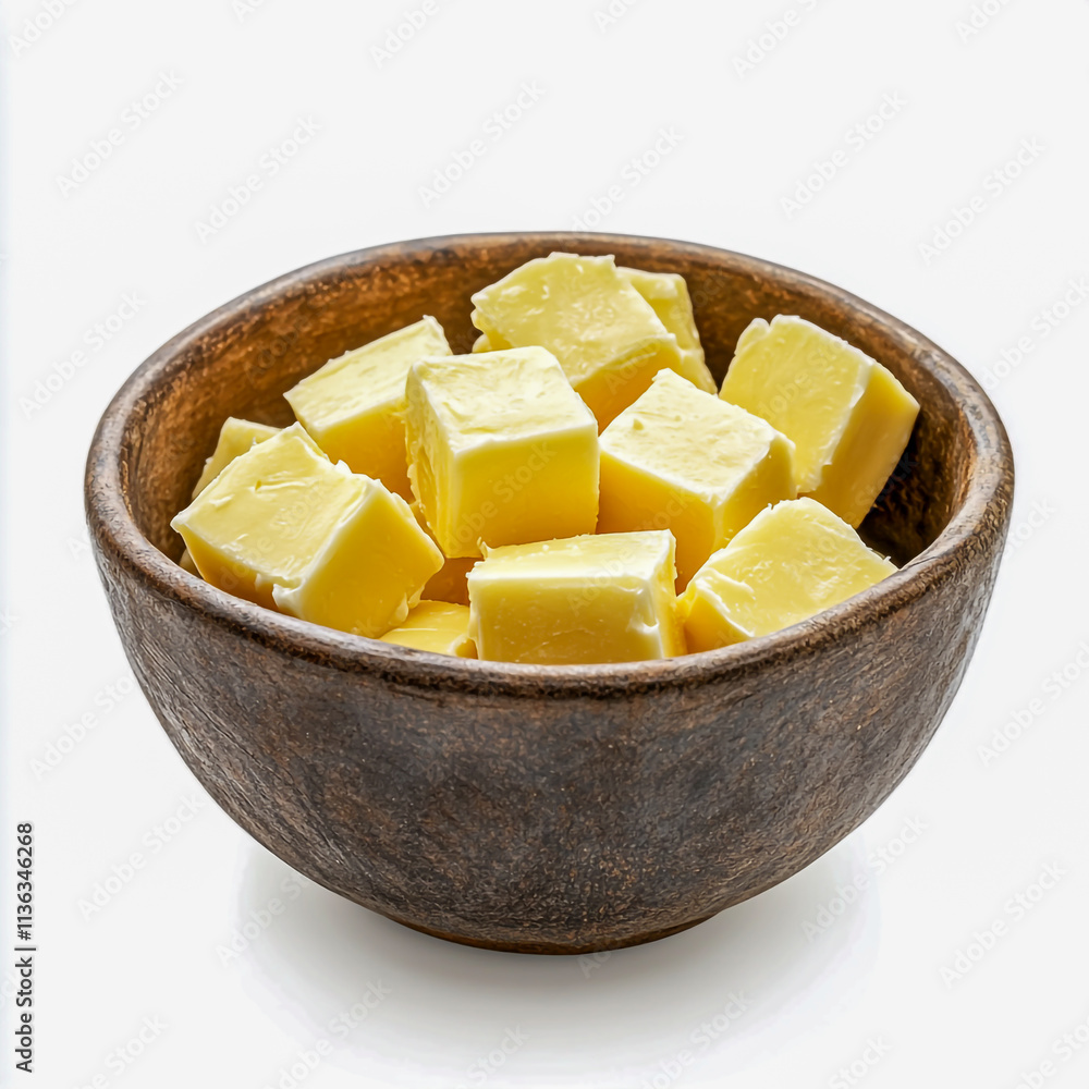 Fresh butter cubes in a rustic bowl isolated on white background. Fresh butter cubes in a rustic bowl isolated on white background.