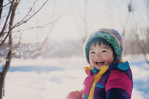 Criança sorrindo ao ar livre na natureza do inverno vestindo roupas quentes coloridas photo