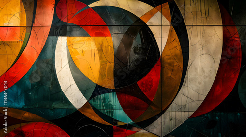 Abstract Geometric Wall Art with Circular and Angular Shapes..