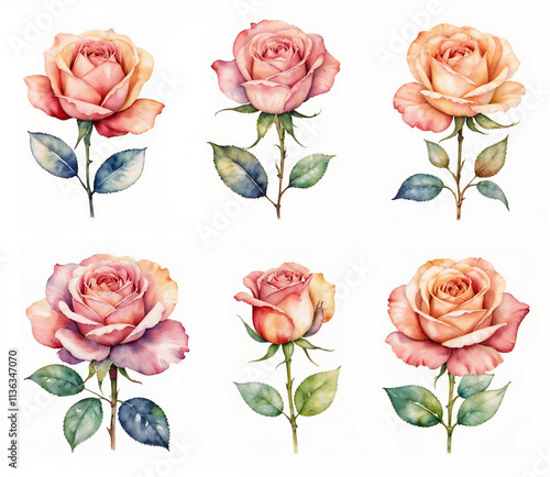 set of roses flower in watercolor