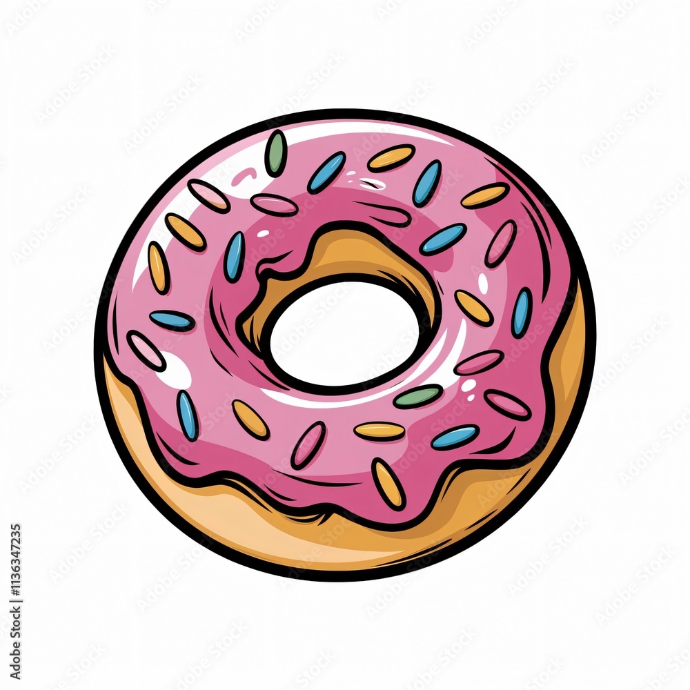 A vector illustration of a glazed donut with colorful sprinkles