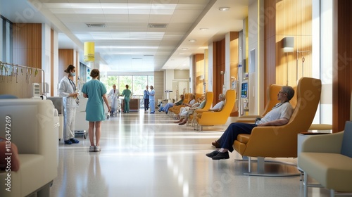 Oncology infusion center: patients receiving chemotherapy in comfortable chairs, nurses attending, a calm supportive environment
