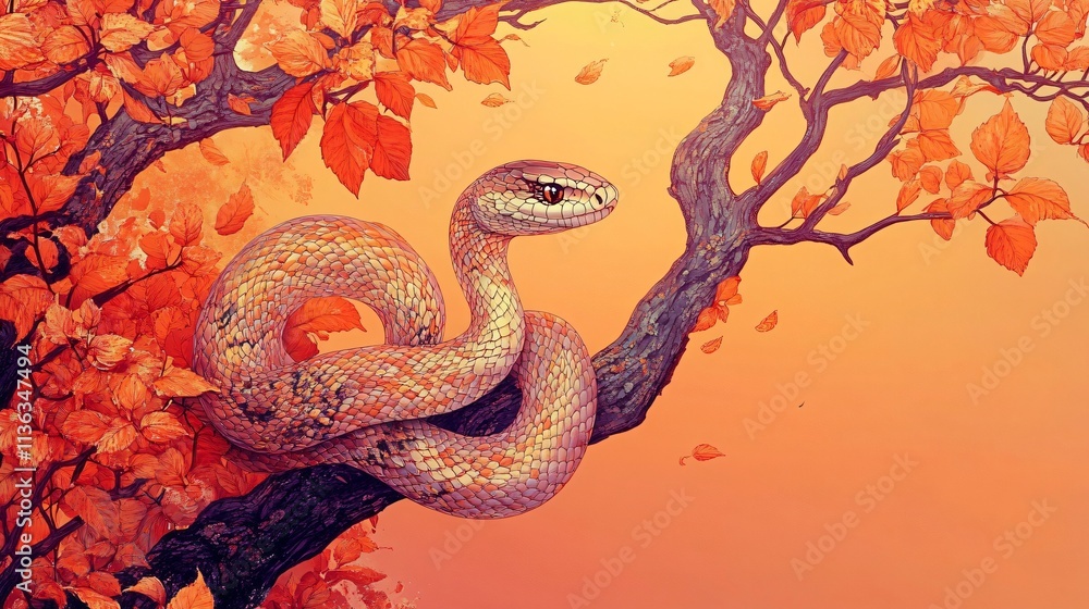 A serene illustration of a coiled serpent among autumn leaves, perfect for use in Year of the Snake celebrations, Asian art themes, or nature-focused projects. A serene illustration of a coiled serpent among autumn leaves, perfect for use in Year of the Snake celebrations, Asian art themes, or nature-focused projects.