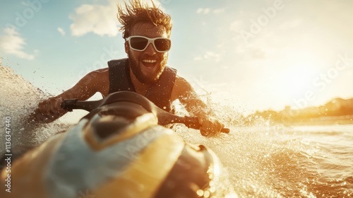 A young man with windswept hair rides a jet ski across the sea at high speed. The thrilling action captures the excitement and freedom of water sports.