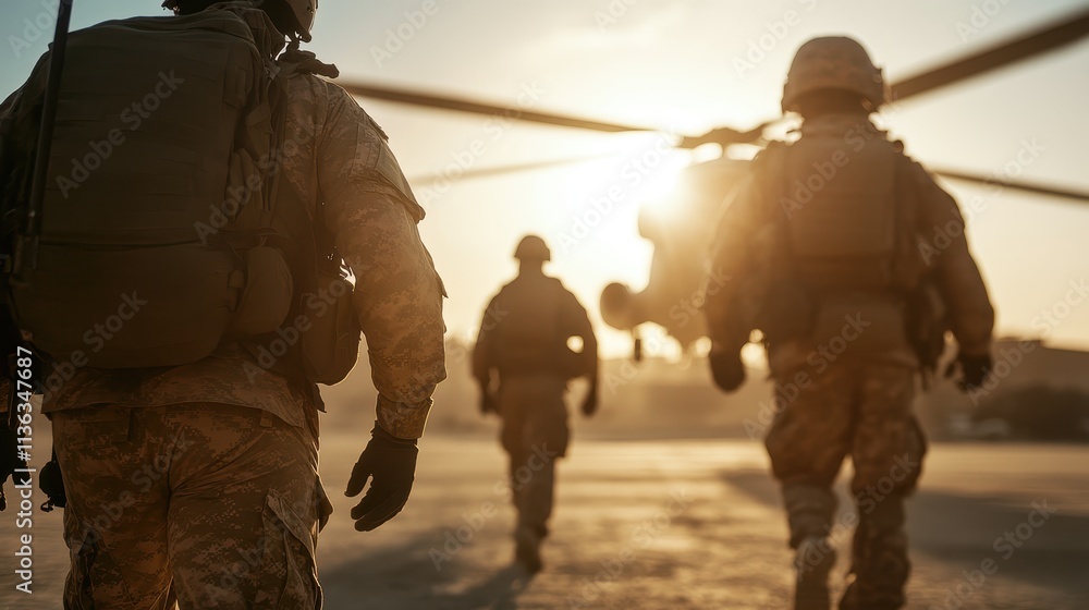 Obraz premium Silhouetted soldiers in military gear walking towards a helicopter in the dawn light, symbolizing duty, camaraderie, and the commitment of military life.