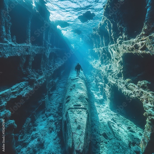 Free Diver Exploring a Shipwreck in the Deep Sea Amidst Mystical Blue Waters photo