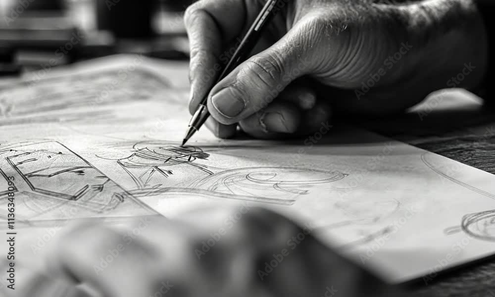 Hand drawing intricate designs on paper.