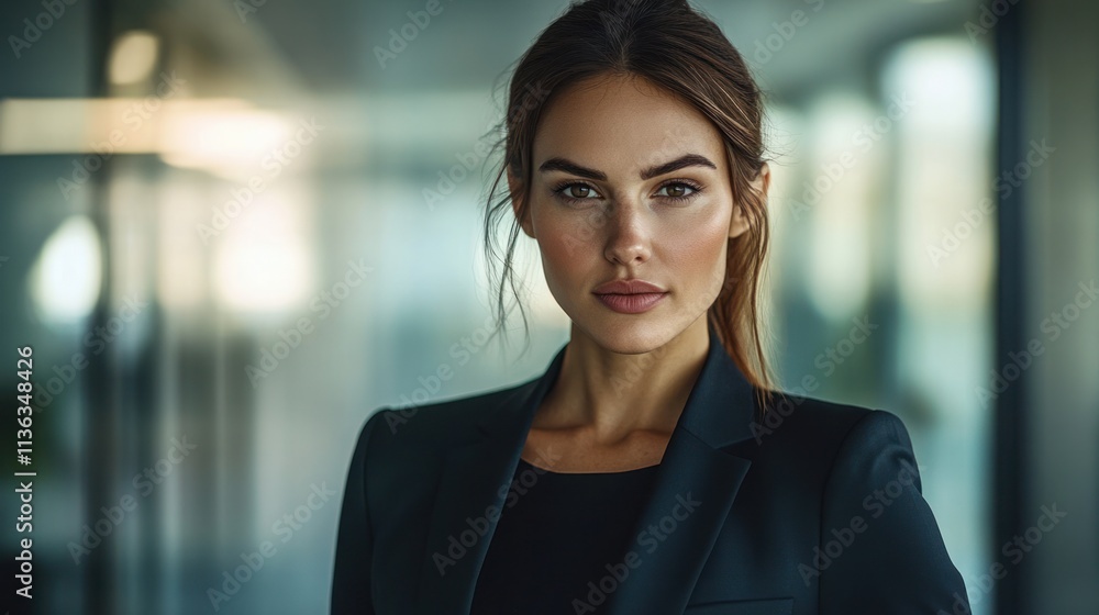 Confident Young Businesswoman in Modern Office Environment with Focused Expression Confident Young Businesswoman in Modern Office Environment with Focused Expression