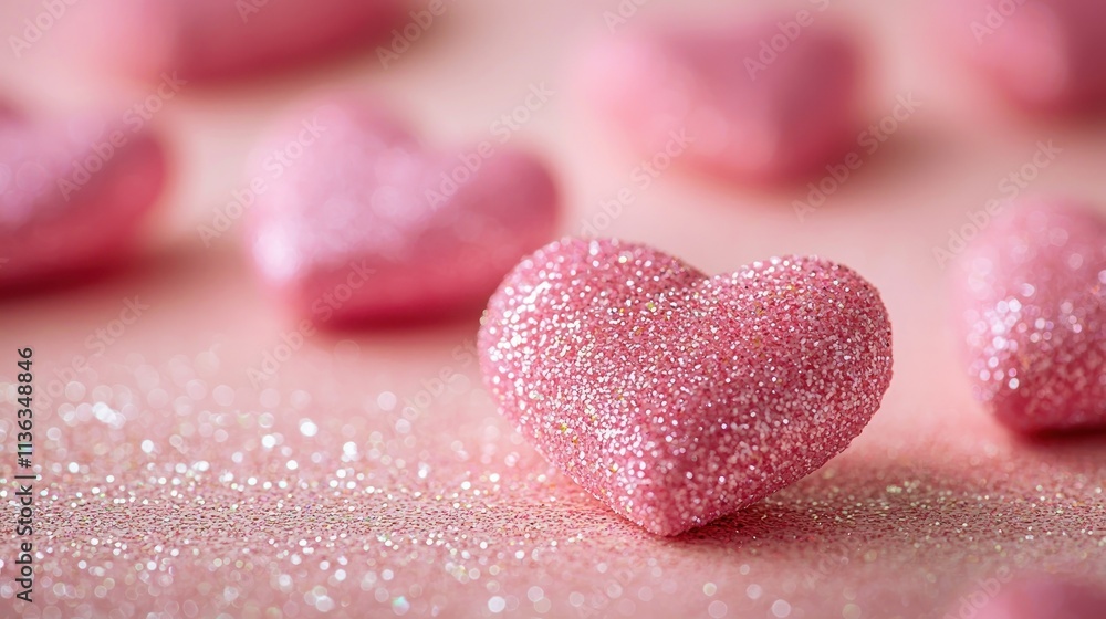 Fototapeta premium Valentine's day love celebration with glittery pink hearts on a pastel table romantic atmosphere