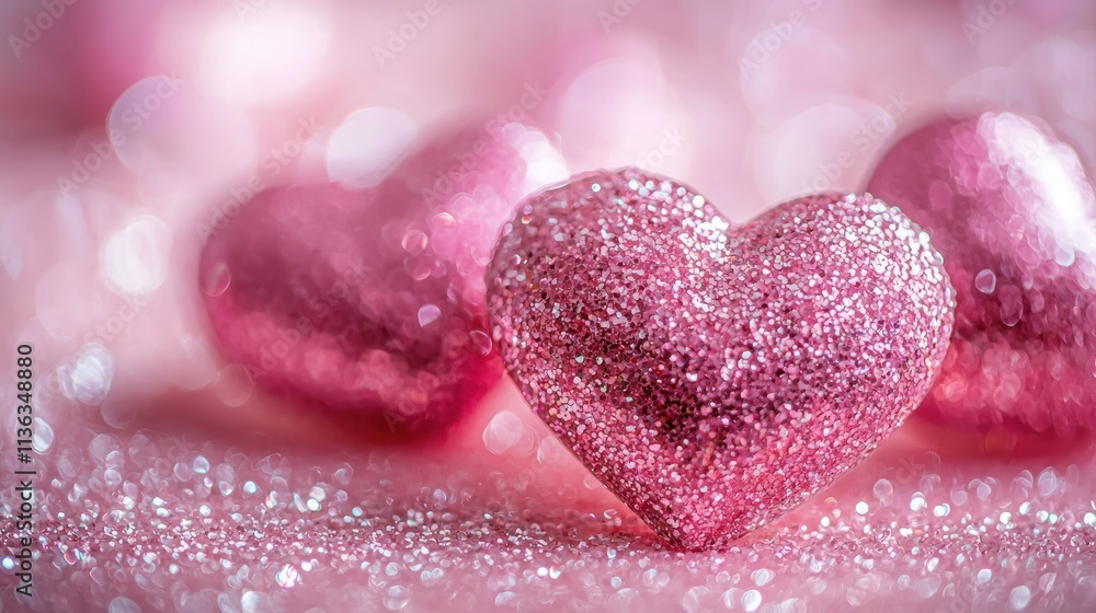 Obraz premium Valentine's day love celebration pastel pink table glittery heart decor romantic atmosphere