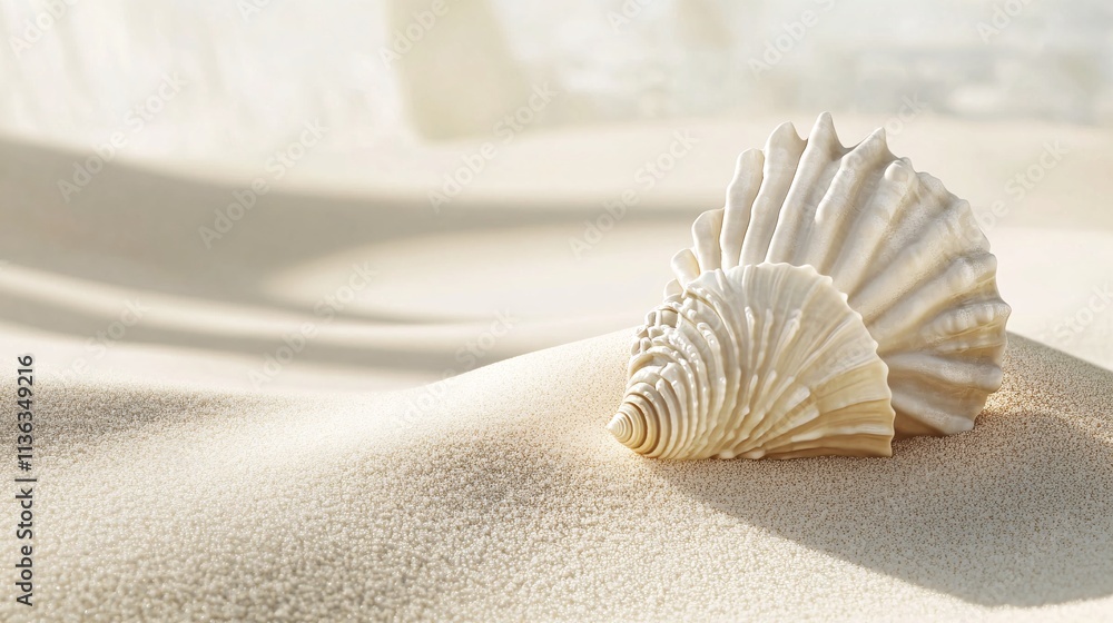Obraz premium Seashell resting on pristine white sand beach in sunlight